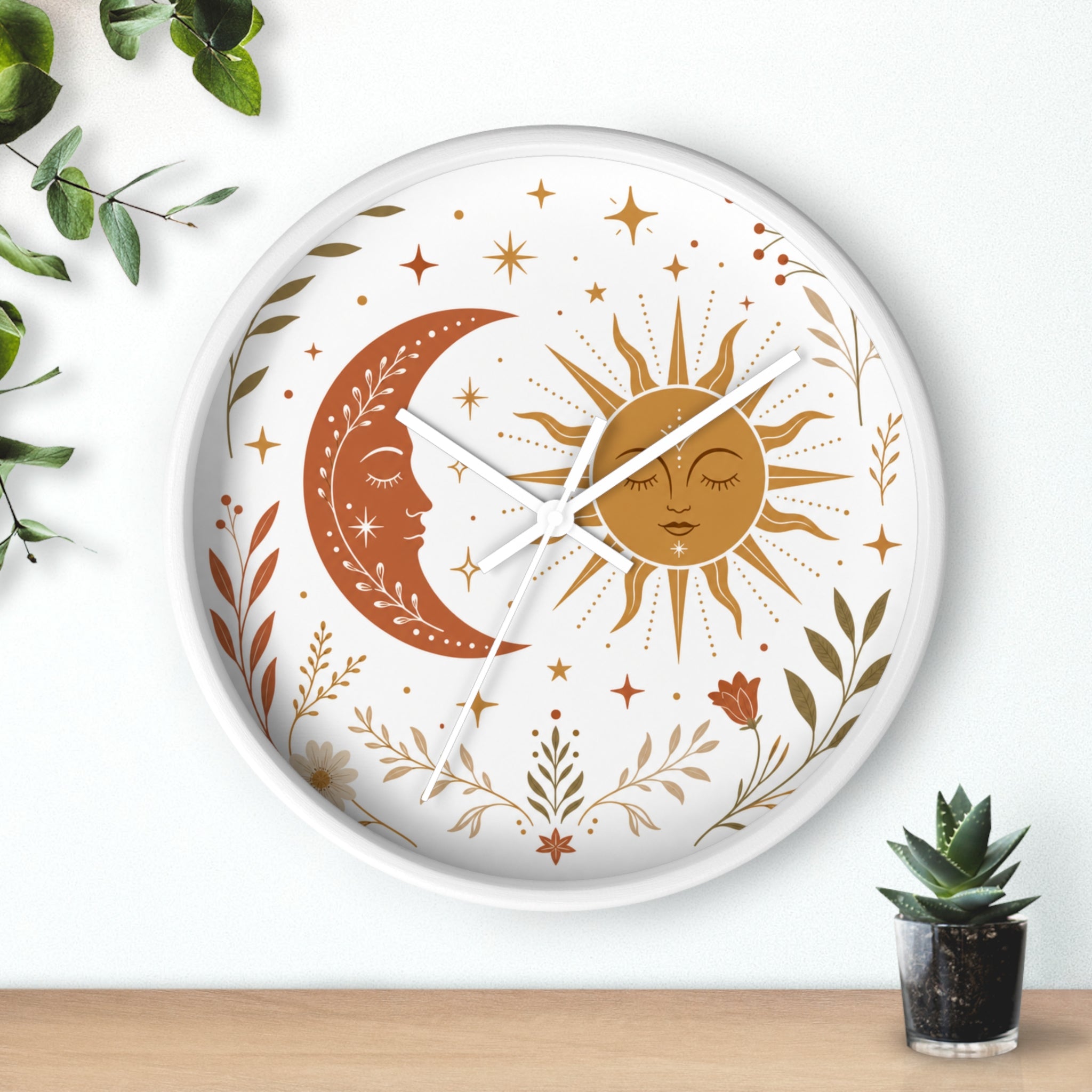 Boho Sun And Moon Wall Clock | Celestial Home Decor Clock | Aesthetic Nursery Or Living Room Clock