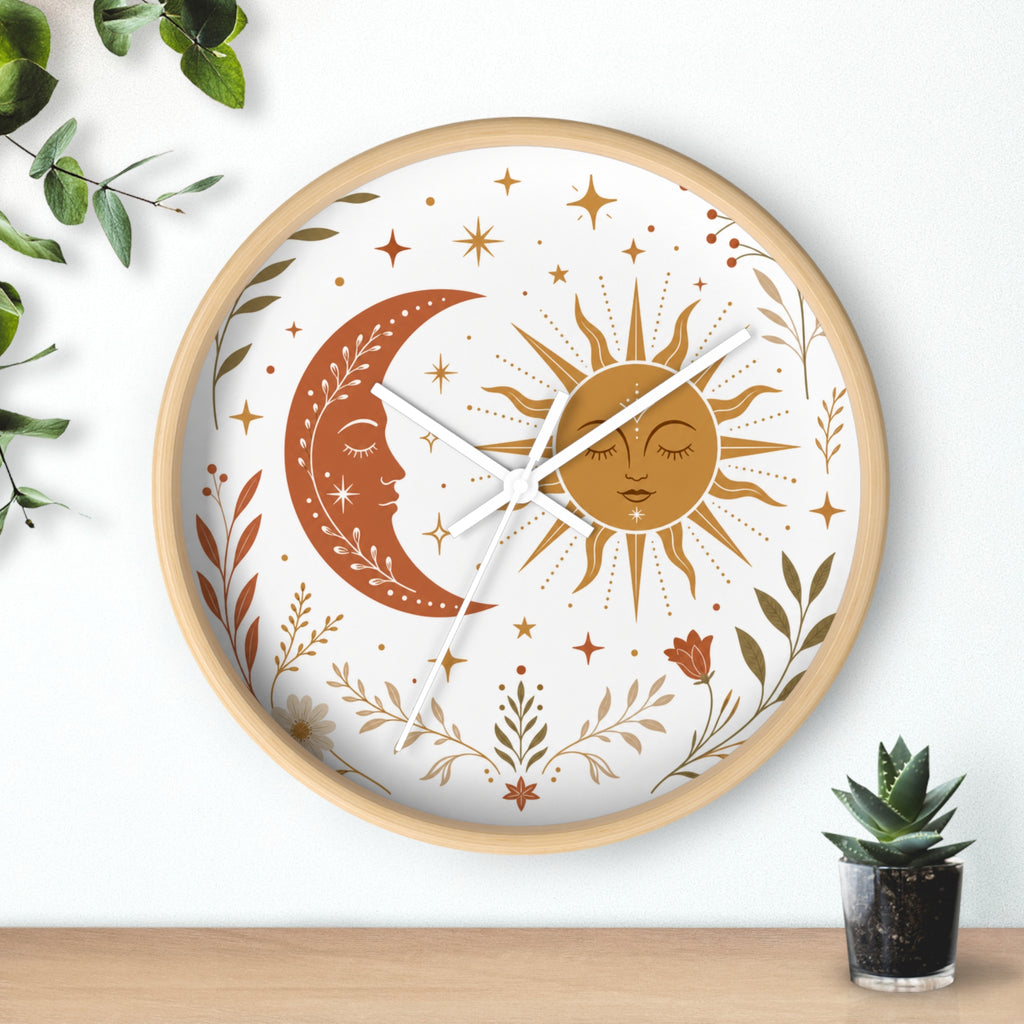 Boho Sun And Moon Wall Clock | Celestial Home Decor Clock | Aesthetic Nursery Or Living Room Clock