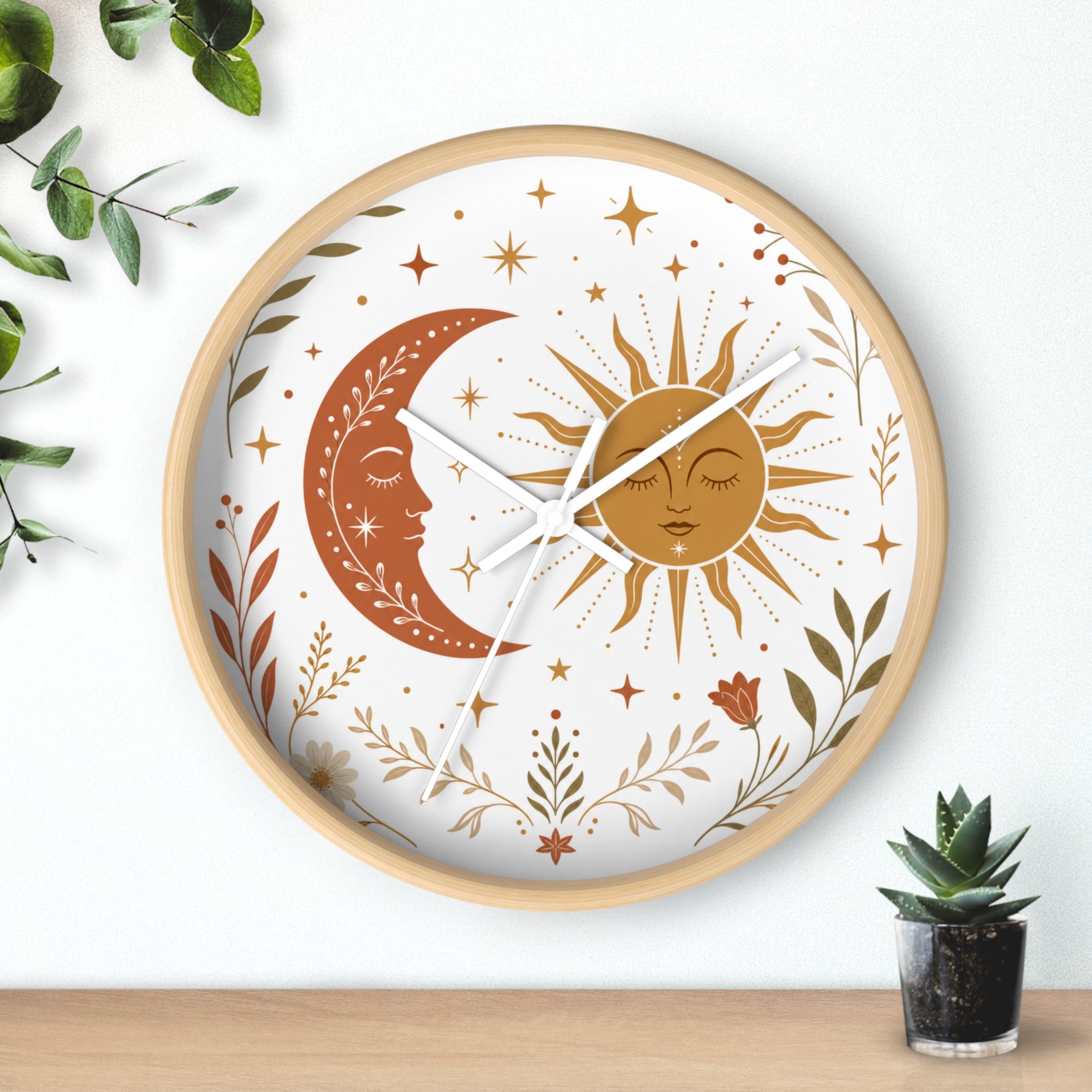 Boho Sun And Moon Wall Clock | Celestial Home Decor Clock | Aesthetic Nursery Or Living Room Clock