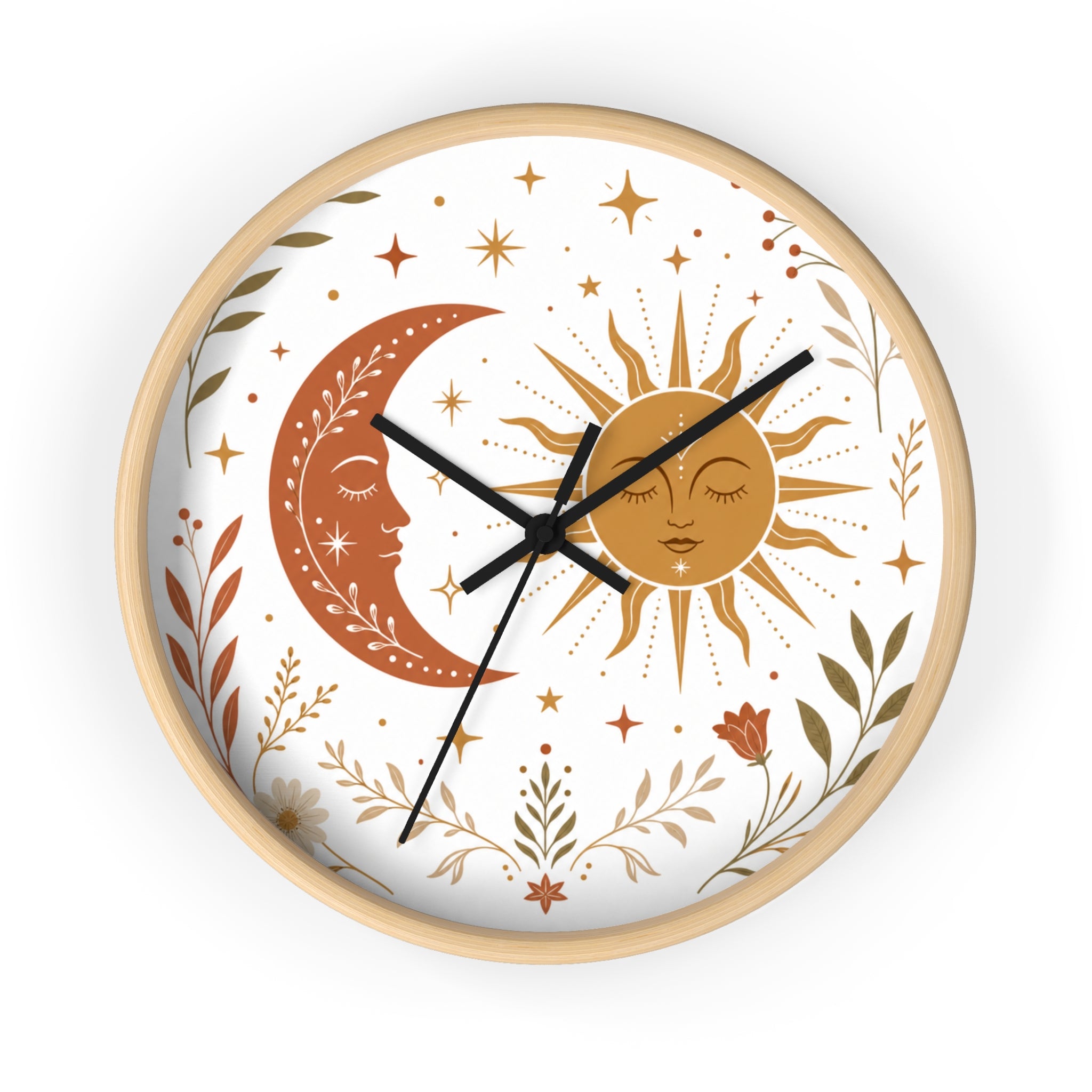Boho Sun And Moon Wall Clock | Celestial Home Decor Clock | Aesthetic Nursery Or Living Room Clock